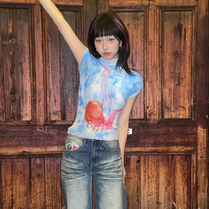 Cathy Dollette Japanese  Crop Top 2000s s Graphic T Shirts Vintage Harajuku Short Sleeve  Grunge Tie-dye Slim Tops