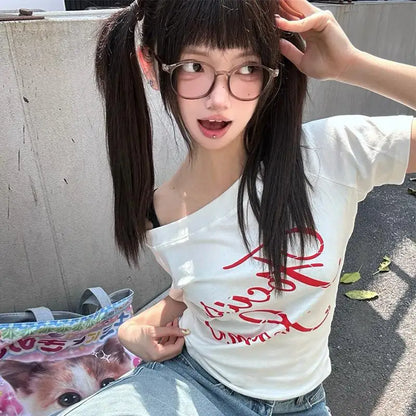 Cathy Dollette Harajuku Print   Short Sleeve Irregular Crop Top Fairycore Tee Top American Retro 90s Tshirts Summer