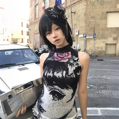 Cathy Dollette Japanese  Anime Print Tank Top 2000s Style Lace Patchwork Sleeveless Top Vintage Harajuku Mesh Tanktop American Retro