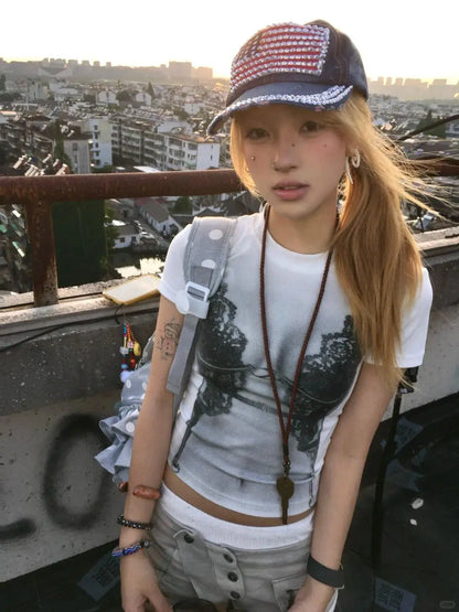 Cathy Dollette Korean Style Print T Shirt  Short Sleeve Slim  Vintage Tee Top 2000s Japanese Grunge TopE-girls