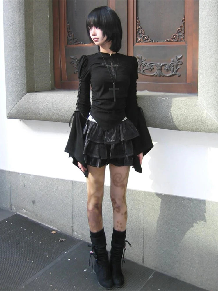 Cathy Dollette Black Gothic Hollow Out Cross T Shirt  Long Sleeve Streetwear Slim Flare Sleeve Spring Top2000s Clothes  Tees