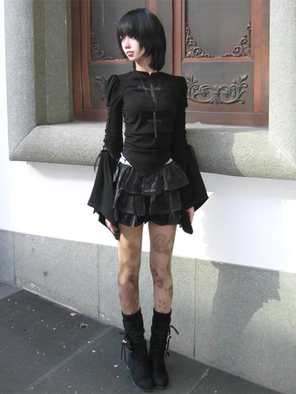 Cathy Dollette Black Gothic Hollow Out Cross T Shirt  Long Sleeve Streetwear Slim Flare Sleeve Spring Top2000s Clothes  Tees