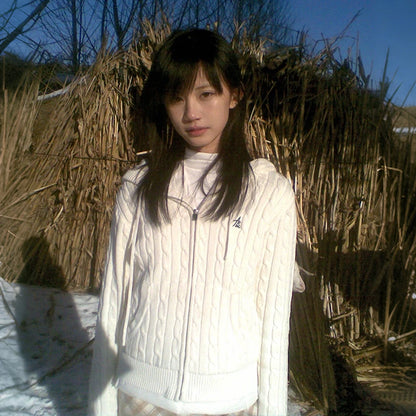Cathy Dollette Japanese  White Hooded Cardigan 2000s Style Embroidered Knitted Jacket Vintage Harajuku Zipper Knitwear American 90s
