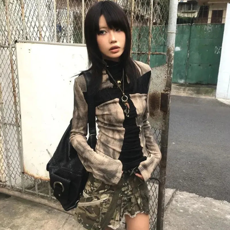 Cathy Dollette  Japanese Tshirt  Long Sleeve Patchwork Tie Dye Tee Top Asethetic Grunge TopAmerican Retro 90s