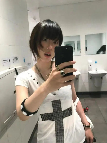 Cathy Dollette Patchwork V Neck Gothic Cross Graphic T Shirts Woman Clothes 2000s  Summer TopTees Female Clothing Japan Style Goth
