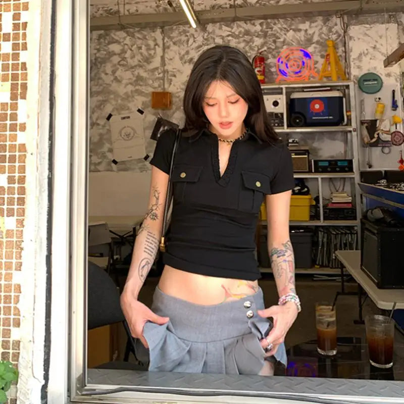 Cathy Dollette Harajuku Vintage T Shirt  Short Sleeve Slim Pocket  American Retro 90s Crop Top V Neck Tee Tops