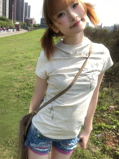 Cathy Dollette Korean Style   Slim Print Graphic Top  Japanese Grunge Top 2000s Tshirts E-girls