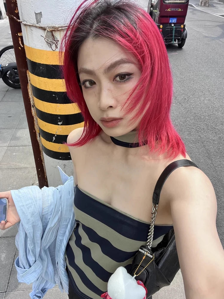 Cathy Dollette Patchwork Striped Tube Sleeveless Tank TopKorean Fashion 2000s Clothes  Summer 2025 Halter TopChic Corset Woman