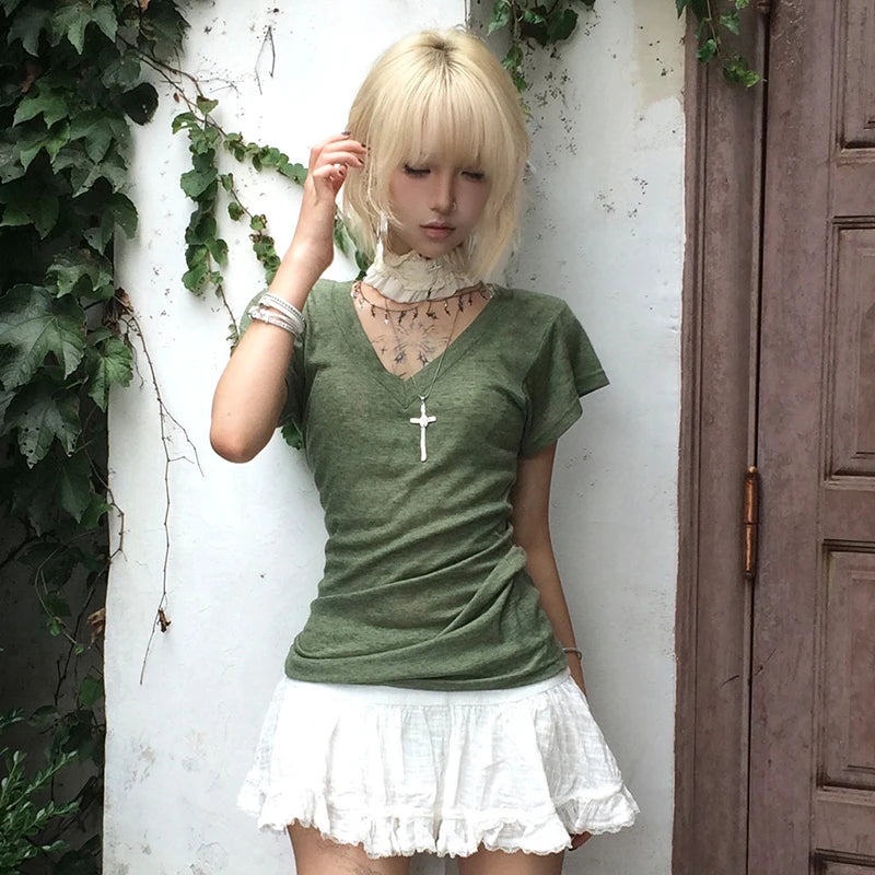 Cathy Dollette Japanese  Green Knitted  Trashy 2000s Style V-neck Top Vintage Harajuku Short Sleeve Tee Shirt American Retro