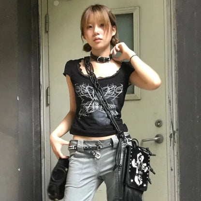 Cathy Dollette Trashy  TopJapanese 2000s Lace Short Sleeve  Vintage Harajuku Black Crop Top Gothic Grunge s Tees