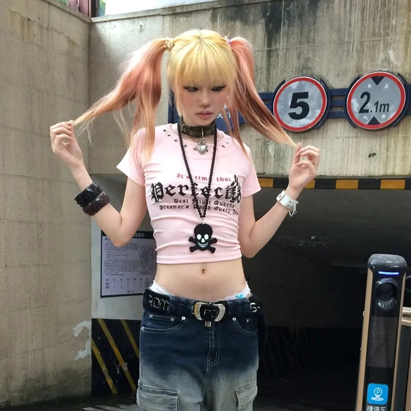 Cathy Dollette Japanese  Letter Print  Trashy 2000s Style Crop Top Vintage Harajuku Pink Tshirt Bandage Backless American 90s