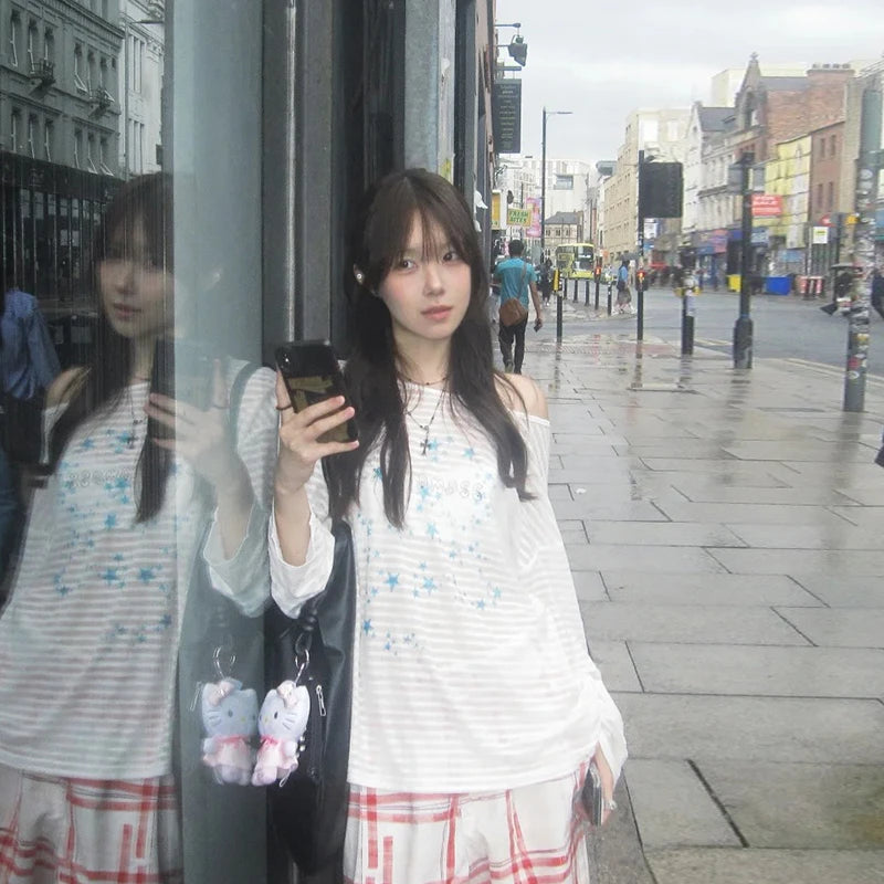 Cathy Dollette Harajuku Print Star   Long Sleeve Loose Casual Shirts See Throught  Japanese Fairycore Tshits Grunge