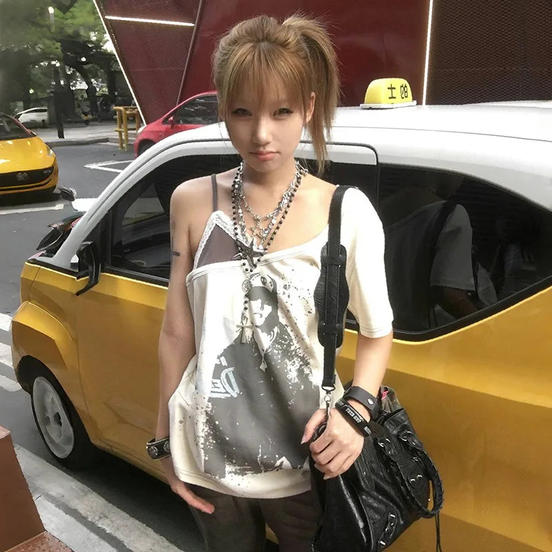 Cathy Dollette  Grunge s Fake Two-piece  Trashy  Graffiti Print T Shirt Vintage Harajuku Irregular Patchwork Top90s