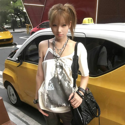 Cathy Dollette  Grunge s Fake Two-piece  Trashy  Graffiti Print T Shirt Vintage Harajuku Irregular Patchwork Top90s