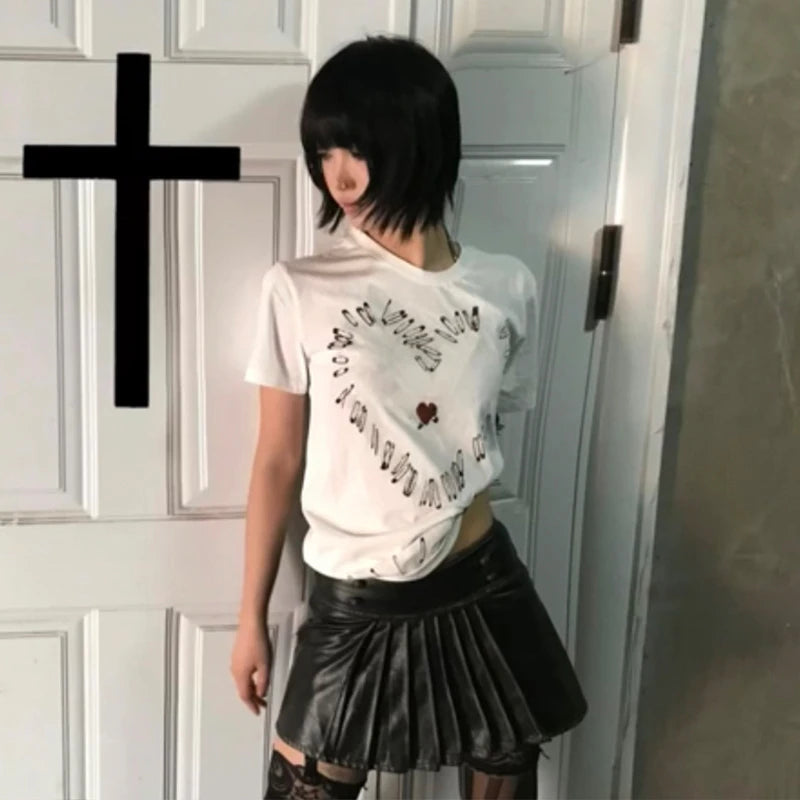 Cathy Dollette Japanese  Heart print  Trashy 2000s Style Short Sleeve Tee Shirt Vintage Harajuku Streetwear Grunge s