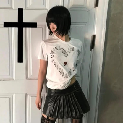 Cathy Dollette Japanese  Heart print  Trashy 2000s Style Short Sleeve Tee Shirt Vintage Harajuku Streetwear Grunge s