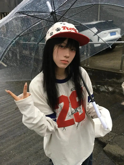 Cathy Dollette Japanese    Long Sleeve Print Letter Gaphic Top Grunge TopAmerican Retro Tshirts