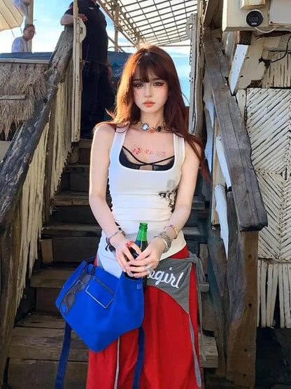Cathy Dollette Hotsweet Two Piece Suit Tank TopPrint White Tanks Sleeveless Tshirt Summer Top2000s Clothes  Sexy Black Camisole