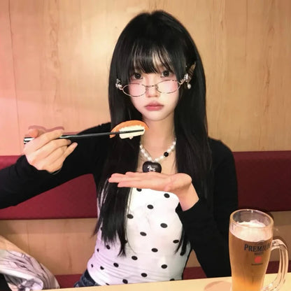 Cathy Dollette Korean Style   Polka Dot Patchwork Crop Top Fairycore Tshirts Japanese 2000s Streetwear Tee Tops