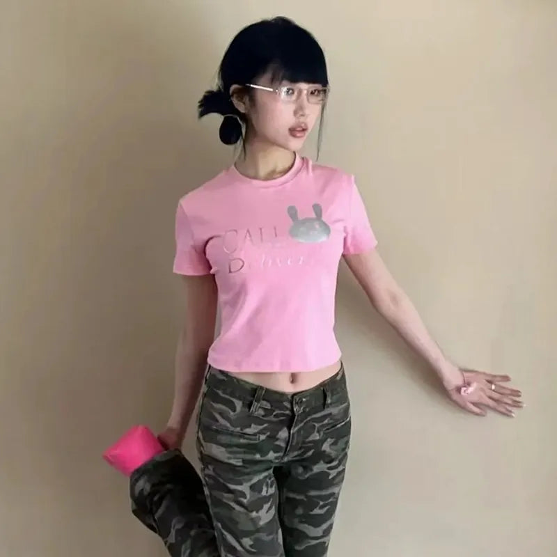Cathy Dollette Japanese  Pink Crop Top 2000s s Kawaii Print  Harajuku Cutecore Short Sleeve Tee Shirt Korean Popular