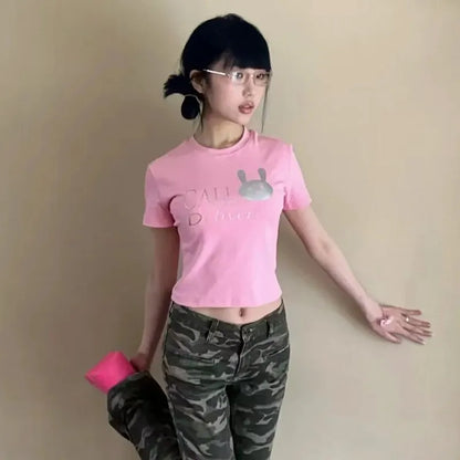 Cathy Dollette Japanese  Pink Crop Top 2000s s Kawaii Print  Harajuku Cutecore Short Sleeve Tee Shirt Korean Popular