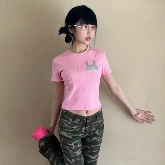 Cathy Dollette Japanese  Pink Crop Top 2000s s Kawaii Print  Harajuku Cutecore Short Sleeve Tee Shirt Korean Popular