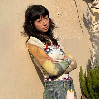 Cathy Dollette Japanese  Anime Print  2000s s Long Sleeve Tee Shirt Vintage Harajuku Slim TopKawaii Lolita T Shirt