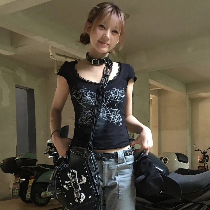Cathy Dollette Trashy  TopJapanese 2000s Lace Short Sleeve  Vintage Harajuku Black Crop Top Gothic Grunge s Tees