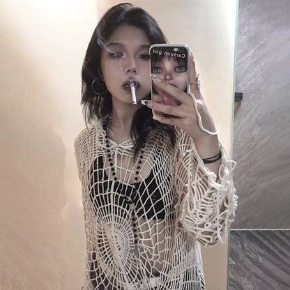 Cathy Dollette Japanese  Hollow Out Knitted Top Trashy 2000s Style Spider Web Pullover Vintage Harajuku Hole Hooded Knitwear Grunge
