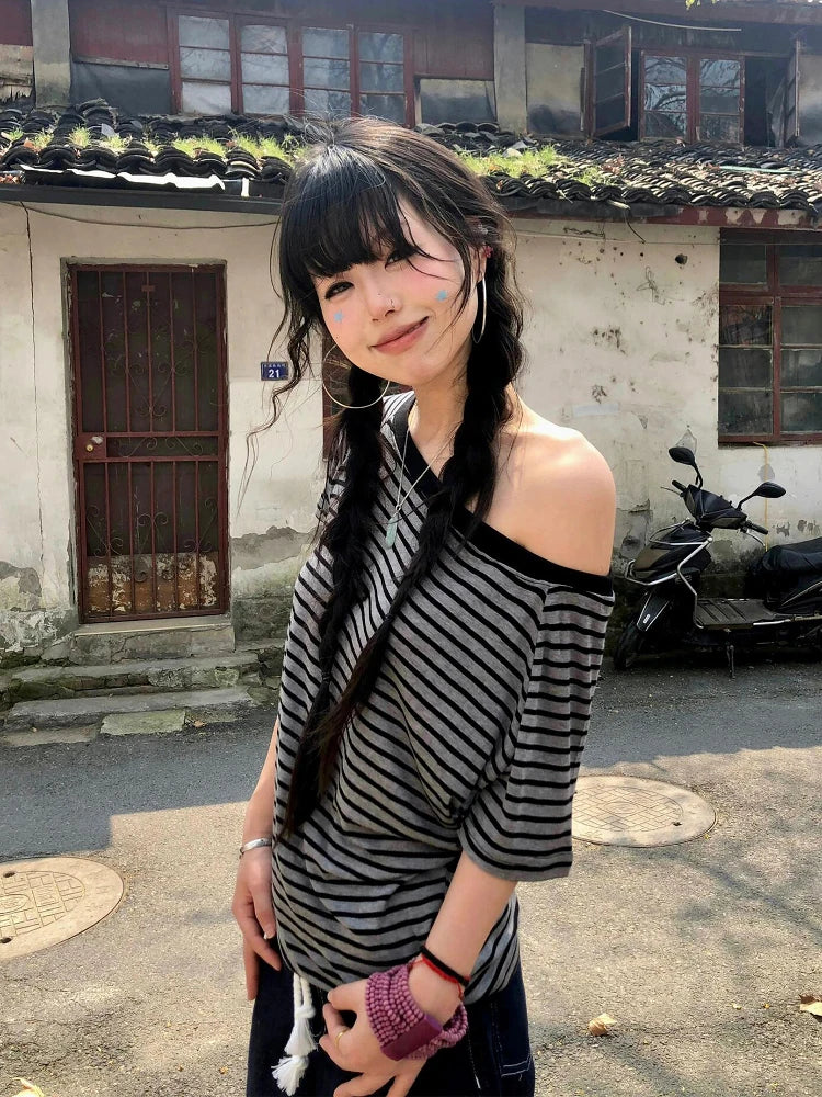Cathy Dollette  Japanese T Shirt  Striped Off Shoulder Grunge Top 2000s  Tshirts American Retro TopTee
