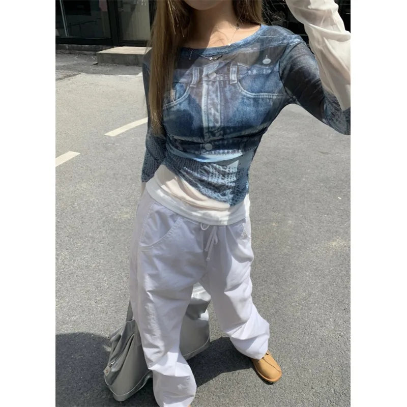 Cathy Dollette Korean Style Mesh TopSee Through T Shirt  Long Sleeve  Vintage Tee Top Summer Tshirts Female