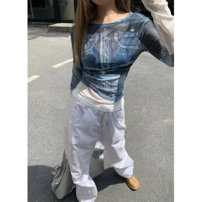 Cathy Dollette Korean Style Mesh TopSee Through T Shirt  Long Sleeve  Vintage Tee Top Summer Tshirts Female