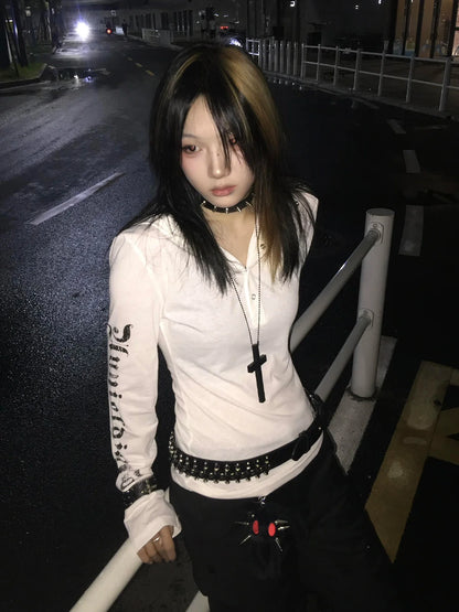 Cathy Dollette  Vintage T Shirt  See Through Hoody Crop TopSlim Print Graphic Top2000s Japanese Grunge TopE-girls Tees