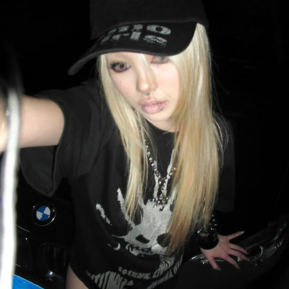 Cathy Dollette Grunge s Skull Print  Trashy 2000s Style Short Sleeve Tee Shirt Vintage  Gothic Streetwear American