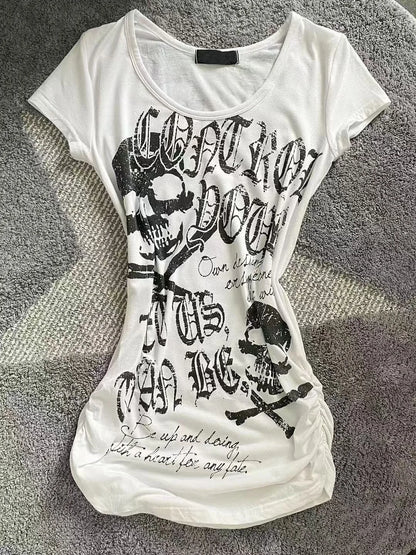 Cathy Dollette Grunge s Skull Print  Japanese  Short Sleeve Tshirt Trashy 2000s Style Streetwear Gothic Punk Vintage