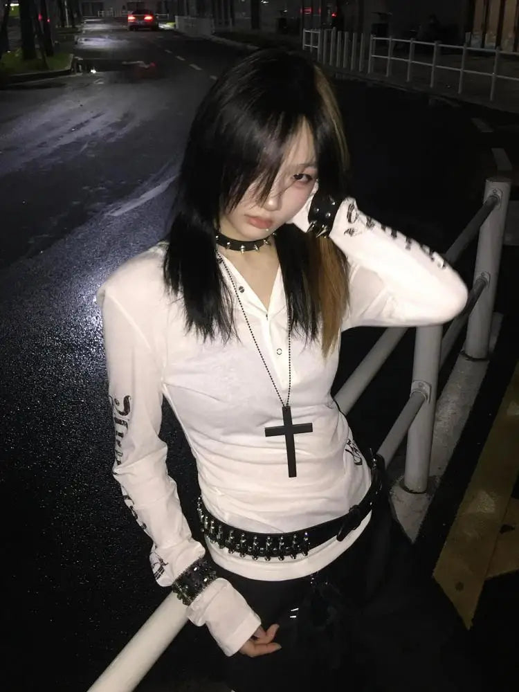 Cathy Dollette Hooded Print Letter Graphic T Shirts Woman Clothes Youthful Long Sleeve 2000s Clothes  Tees Female Clothing Autumn