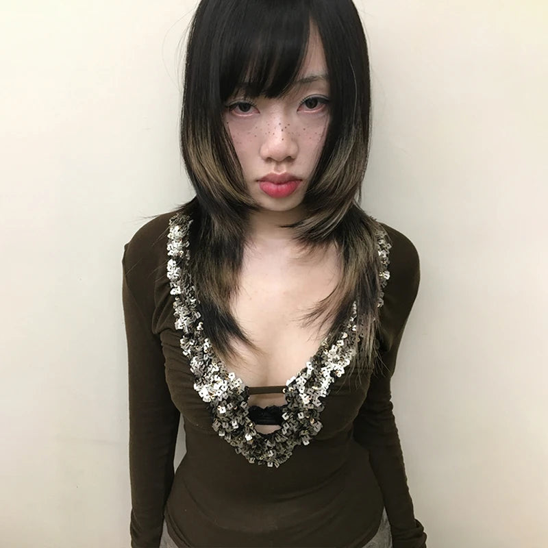 Cathy Dollette Japanese  V-neck Sequin TopTrashy 2000s Style Sxey Long Sleeve  Vintage Harajuku Slim TopAmerican Retro