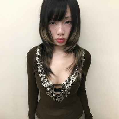 Cathy Dollette Japanese  V-neck Sequin TopTrashy 2000s Style Sxey Long Sleeve  Vintage Harajuku Slim TopAmerican Retro