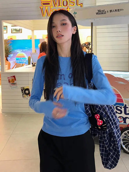 Cathy Dollette Harajuku Print Letter   Long Sleeve Blue Tee Top Grunge Top2000s Japanese Streetwear Tshirt