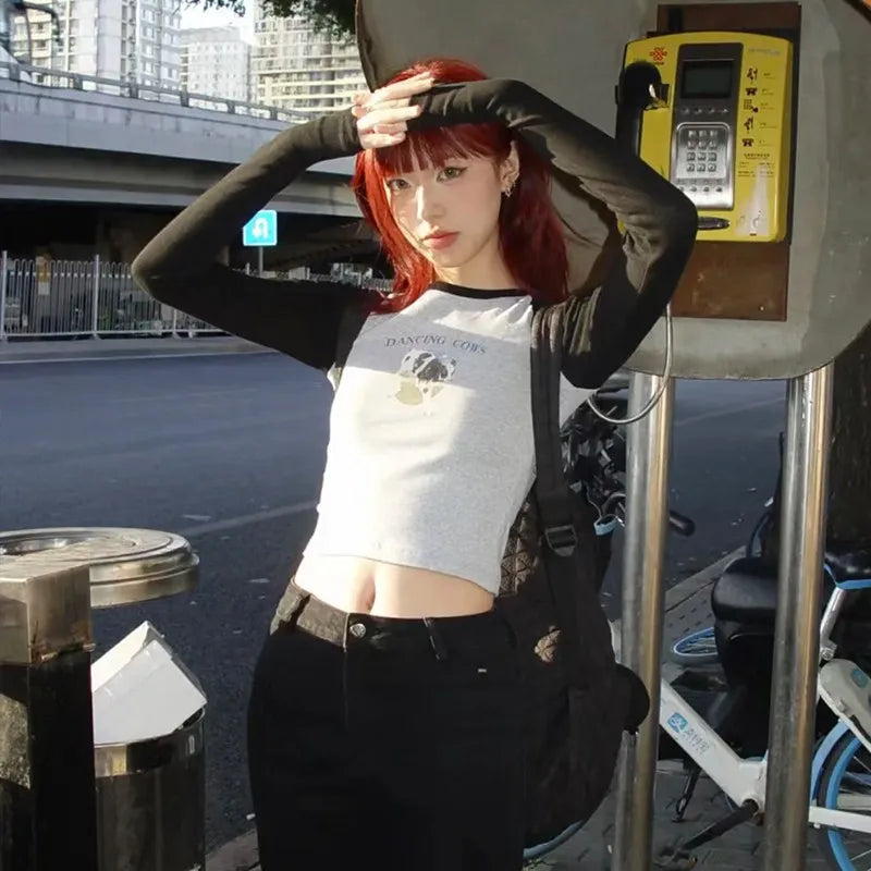 Cathy Dollette Japanese Hrajuku Crop Top s Patchwork  00s Grunge Slim TShirt Kawaii Fairycore 2000s Clothes E-girl