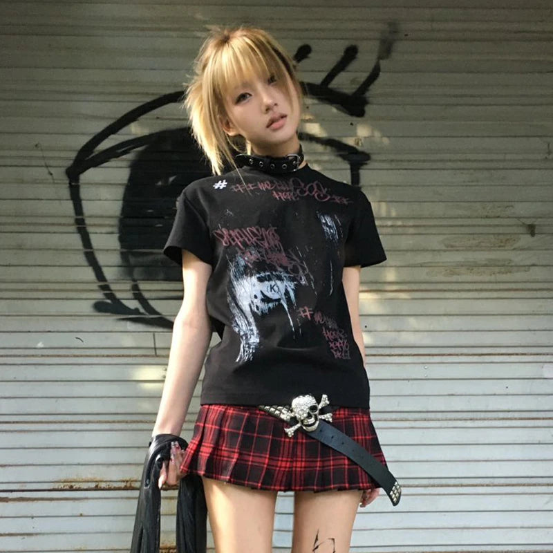 Cathy Dollette Japanese  Graffiti Print  Trashy 2000s Style Short Sleeve T Shirt Vintage Harajuku Streetwear Grunge American