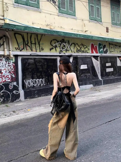 Cathy Dollette Backless Halter TopSexy 2000s Clothes  Sleeveless Tees Summer Top Tank TopBlack Chic Slim Tanks