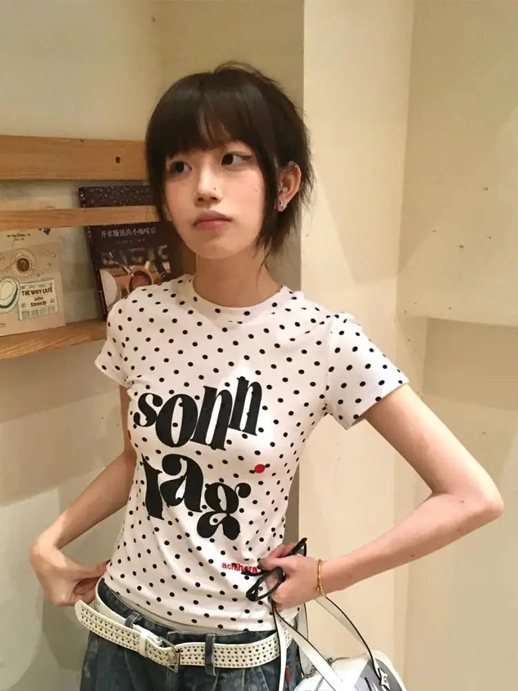 Cathy Dollette Harajuku Print Graphic Top Short Sleeve Polka Dot   Japanese Grunge Top Tshirts