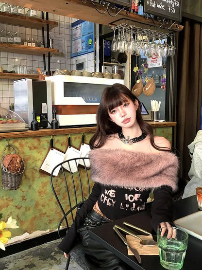 Cathy Dollette Graphic T Shirts 2000s Clothes  Korean Fashion Hotsweet Off Shoulder Goth Tees Female Skinny Long Sleeve Autumn Tops