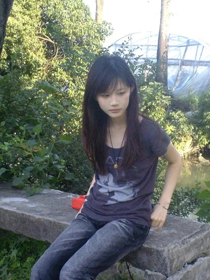 Cathy Dollette Japanses    Short Sleeve Print Graphic TopElastic American Retro Grunge Top 2000s Tshirts