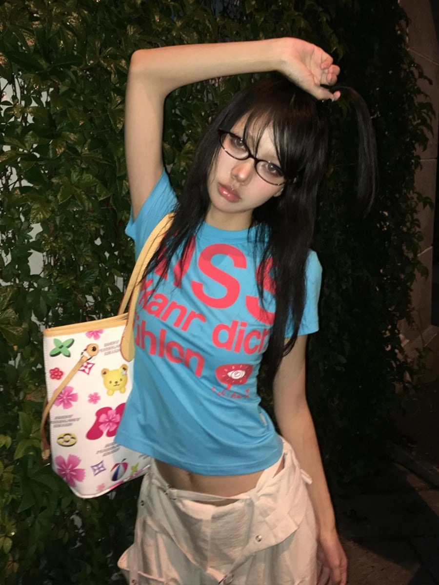 Cathy Dollette  Print Letter T Shirt  Skinny Short Sleeve Japanese 2000s Crop TopGrunge TopAmerican Retro Tshirts