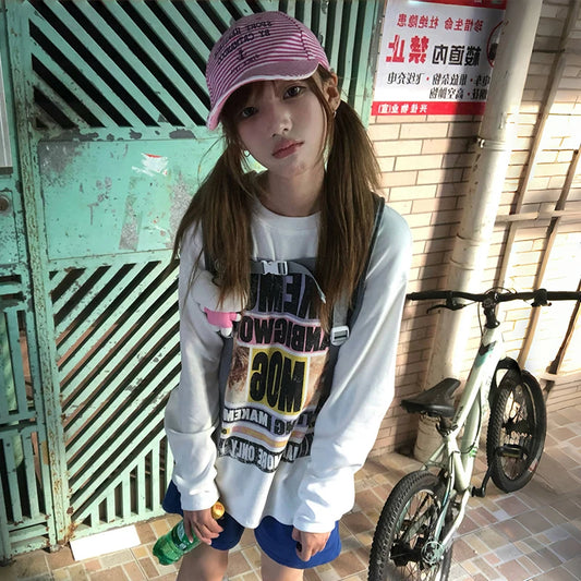 Cathy Dollette Japanese  Letter Print  2000s s Graphic Long Sleeve Tshirt Vintage Harajuku Streetwear American Retro