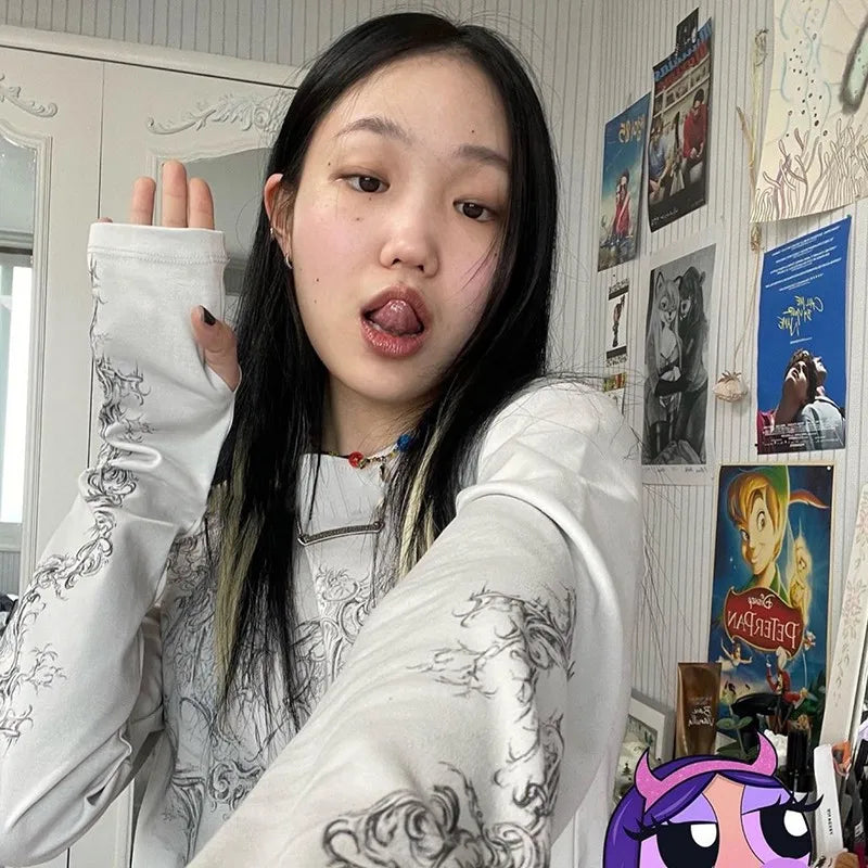 Cathy Dollette Japanese  Tattoo Print  Grunge s Long Sleeve T Shirts Vintage Harajuku Distressed TopAmerican Retro