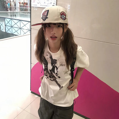 Cathy Dollette Japanese  Graffiti Print  Trashy 2000s Style Short Sleeve T Shirt Vintage Harajuku Loose Tee Shirt American