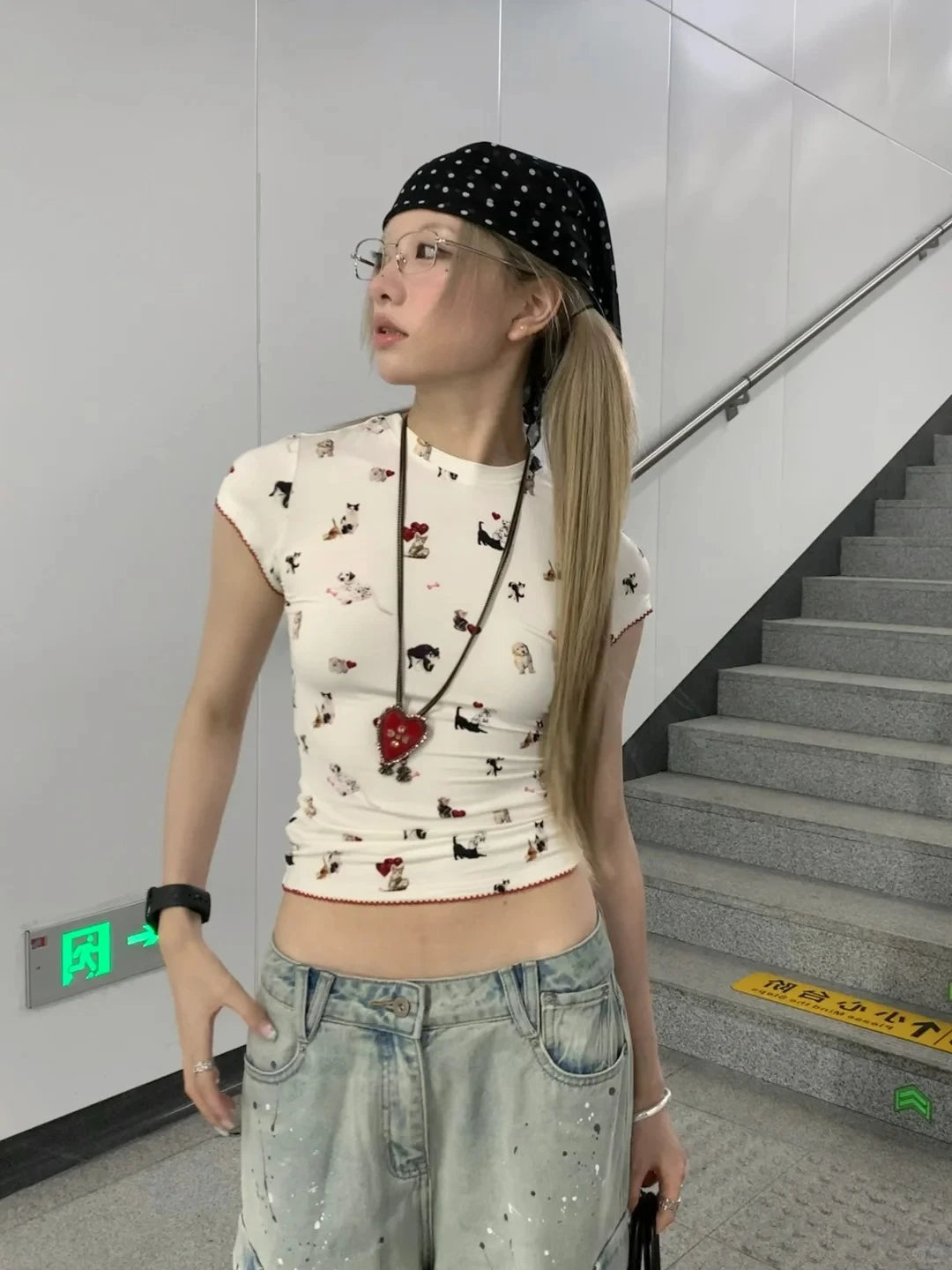 Cathy Dollette Harajuku Print T Shirt  Short Sleeve Cartoon  Vintage Crop Top 2000s Japanese Grunge TopTee